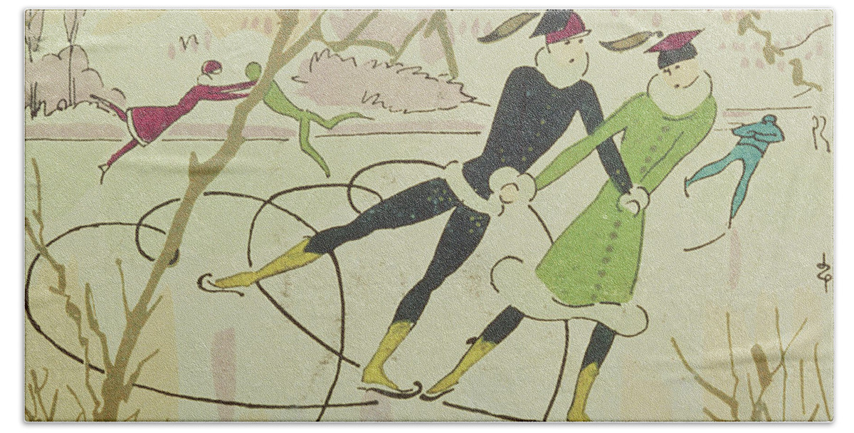 Winter Bath Towel featuring the drawing Figure Skating Christmas Card by American School