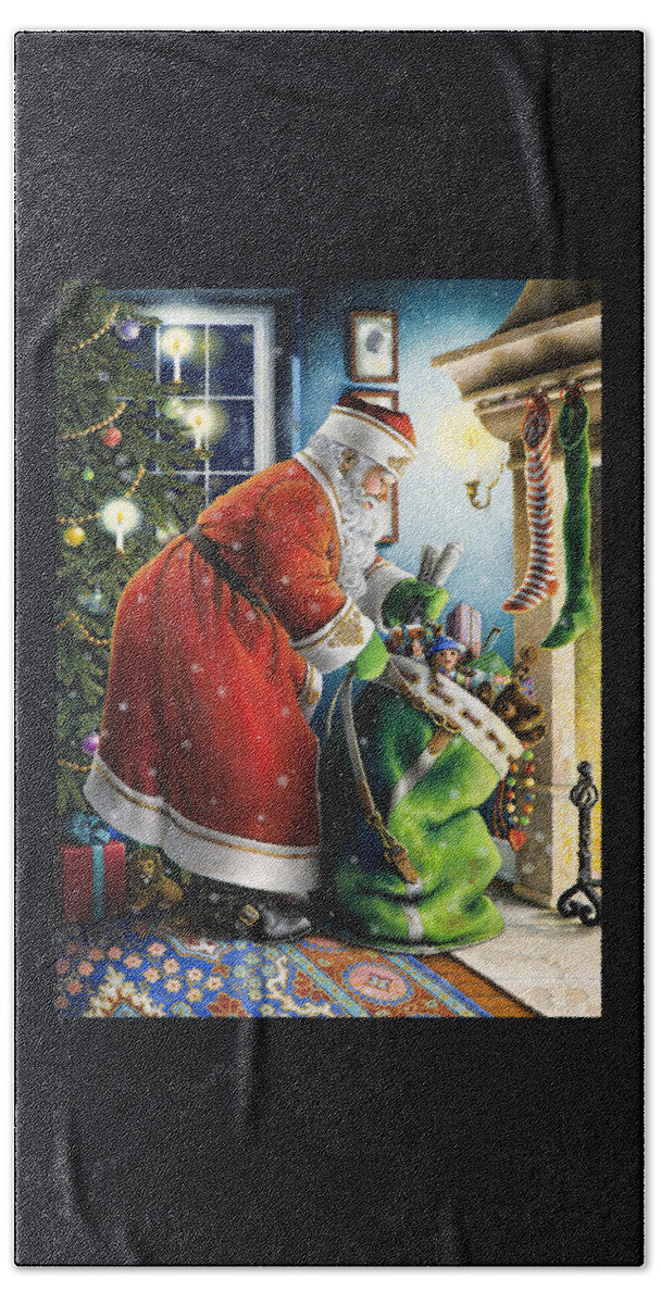Santa Claus Bath Towel featuring the painting Filling the Stockings by Lynn Bywaters