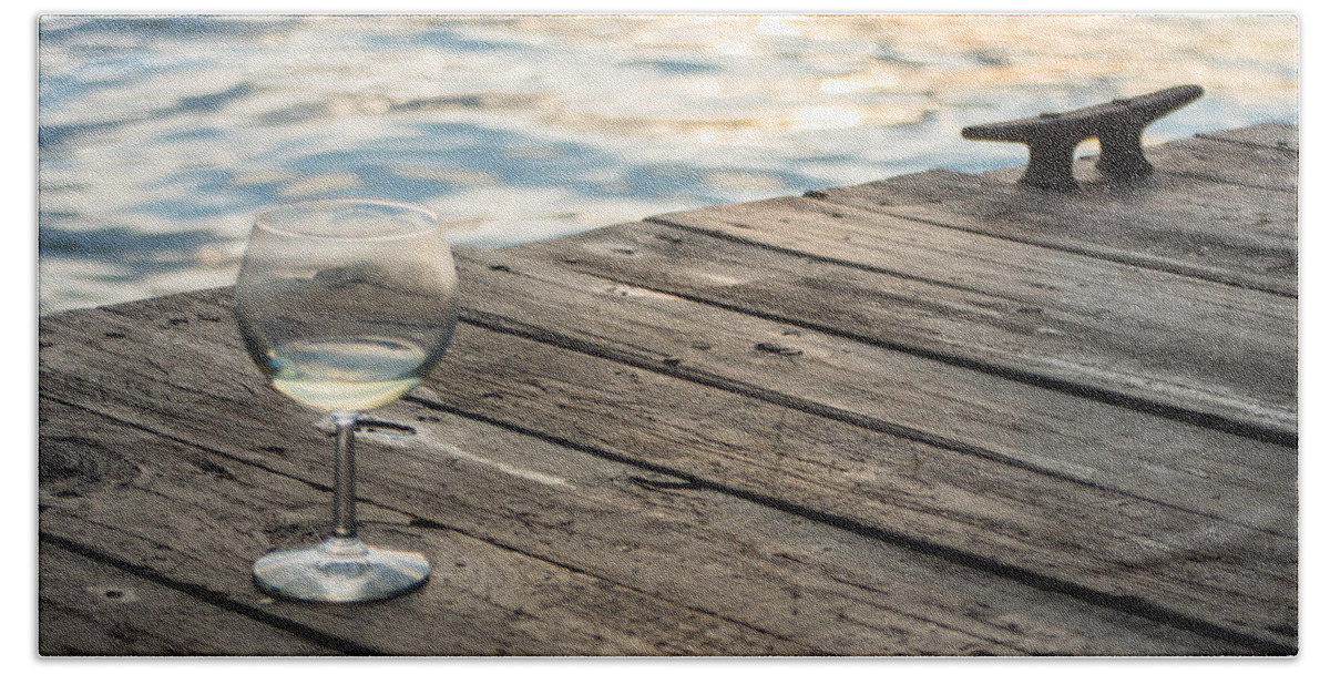 Glass Hand Towel featuring the photograph Finger lakes wine tasting - Wine Glass on the Dock by Photographic Arts And Design Studio