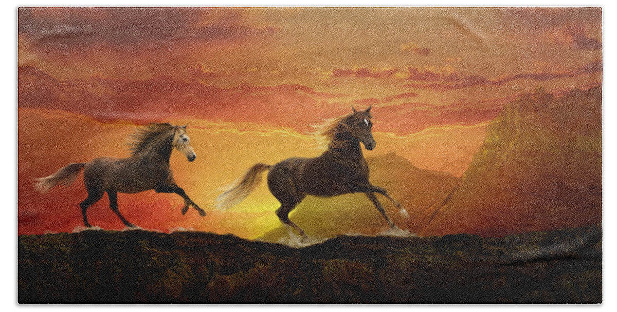 Equine Sunset Hand Towel featuring the photograph Fire Sky by Melinda Hughes-Berland