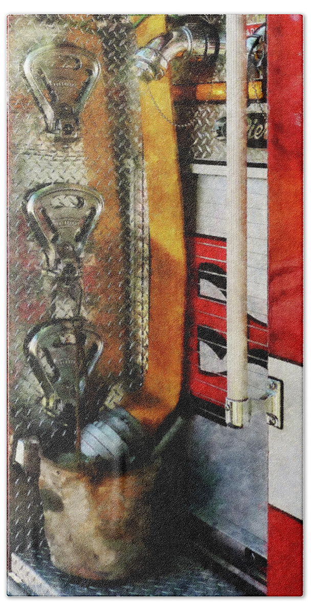 Hose Hand Towel featuring the photograph Fireman - Fire Hose Bucket and Nozzle by Susan Savad