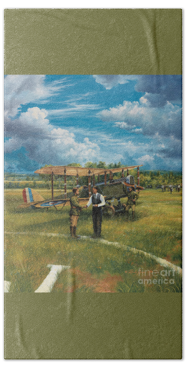 Aviation Art Bath Towel featuring the painting First Landing At Shepherd's Field by Randy Green