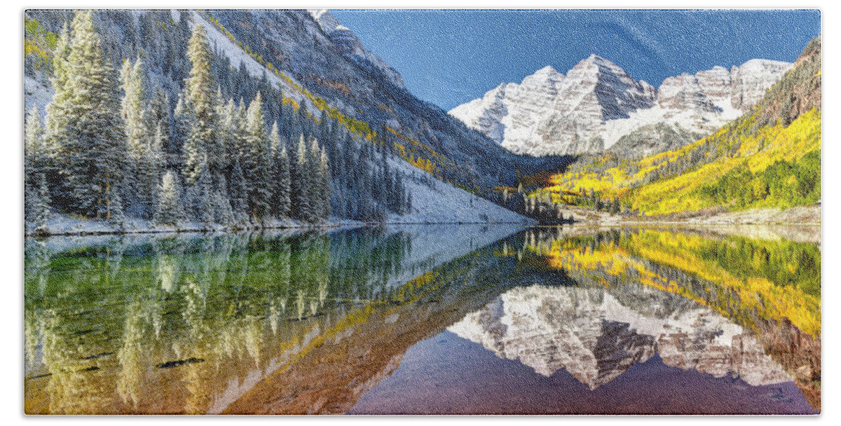Maroon Bells Colorado Hand Towel featuring the photograph First Snow Maroon Bells by OLena Art