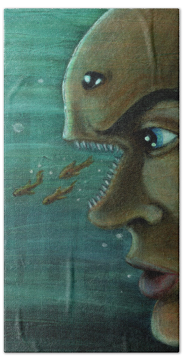 Underwater Bath Towel featuring the painting Fish Mind by John Ashton Golden