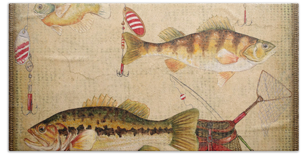 Acrylic Painting Bath Towel featuring the painting Fish Trio-A-Basket Weave Border by Jean Plout