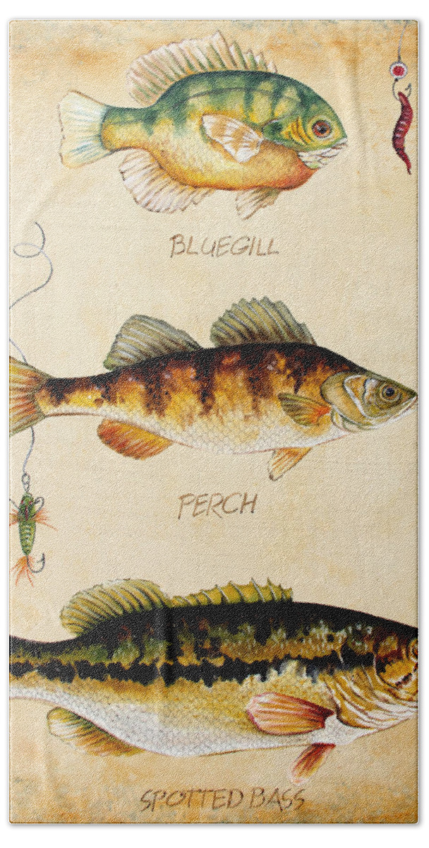Acrylic Painting Bath Towel featuring the painting Fish Trio-C by Jean Plout