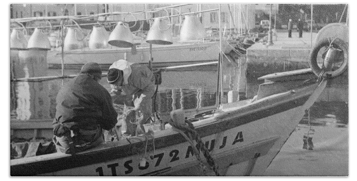 Muggia Hand Towel featuring the photograph Fishermen in Muggia by Riccardo Mottola