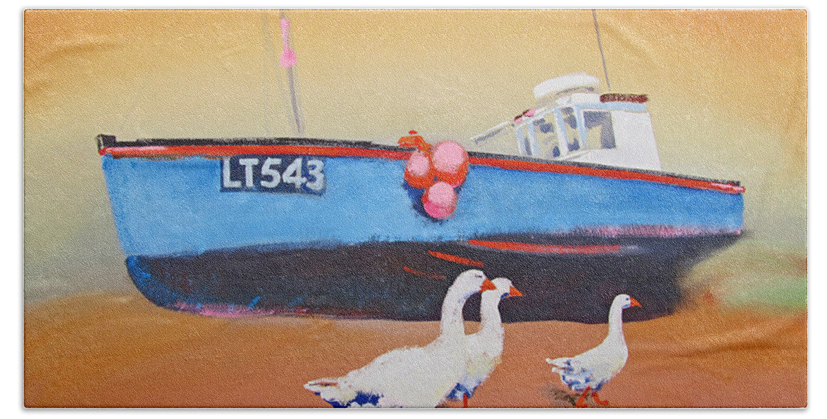 Geese Bath Towel featuring the painting Fishing Boat Walberswick With Geese by Charles Stuart