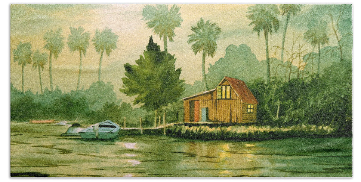 Aucilla River Florida Hand Towel featuring the painting Fishing Cabin - Aucilla River by Bill Holkham