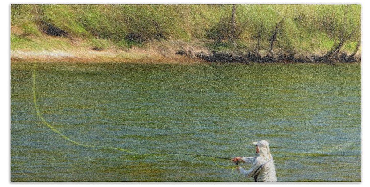 Branson Hand Towel featuring the painting Fishing Lake Taneycomo by Jeffrey Kolker