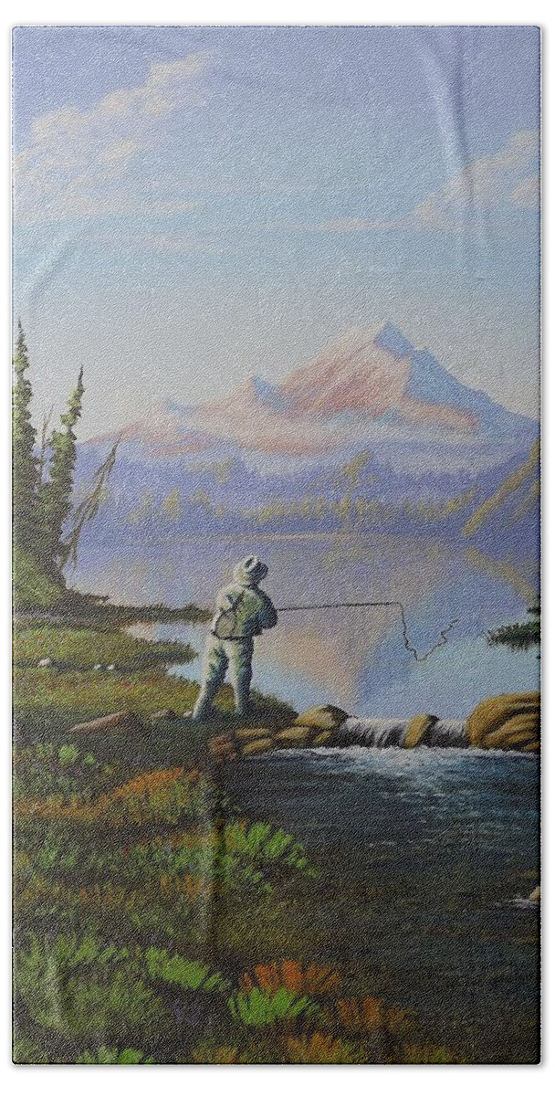 Fishing Bath Towel featuring the painting Fishing the High Lakes by Richard Faulkner