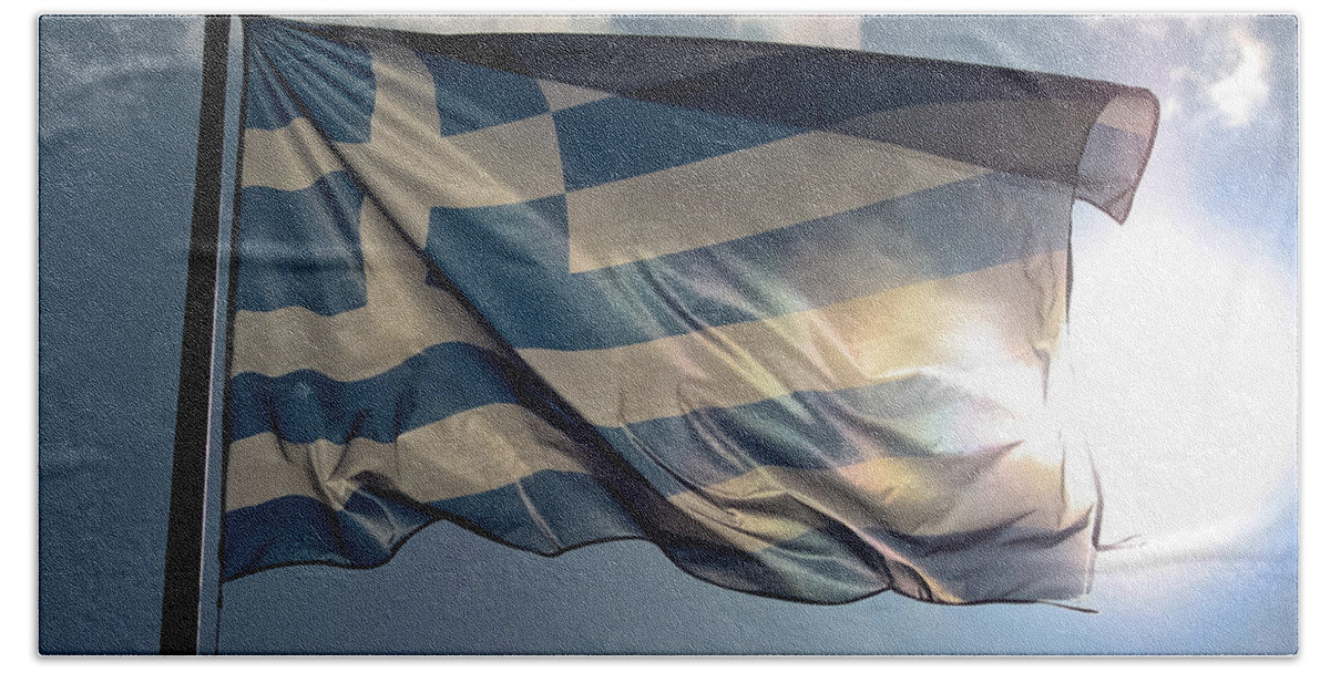Athens Bath Towel featuring the photograph Flag of Greece by Anthony Doudt