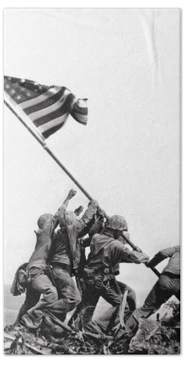 1945 Hand Towel featuring the photograph Flag Raising At Iwo Jima by Underwood Archives