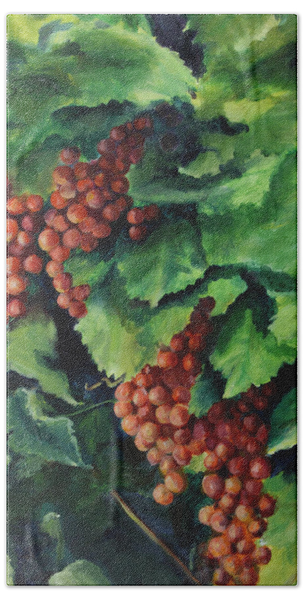 Table Grapes Bath Towel featuring the painting Flames in the Vineyard by Maria Hunt