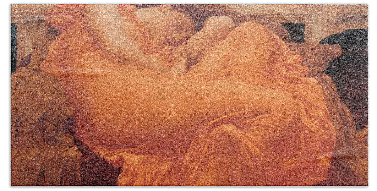 Flaming June Bath Towel featuring the painting Flaming June by Frederick Leighton