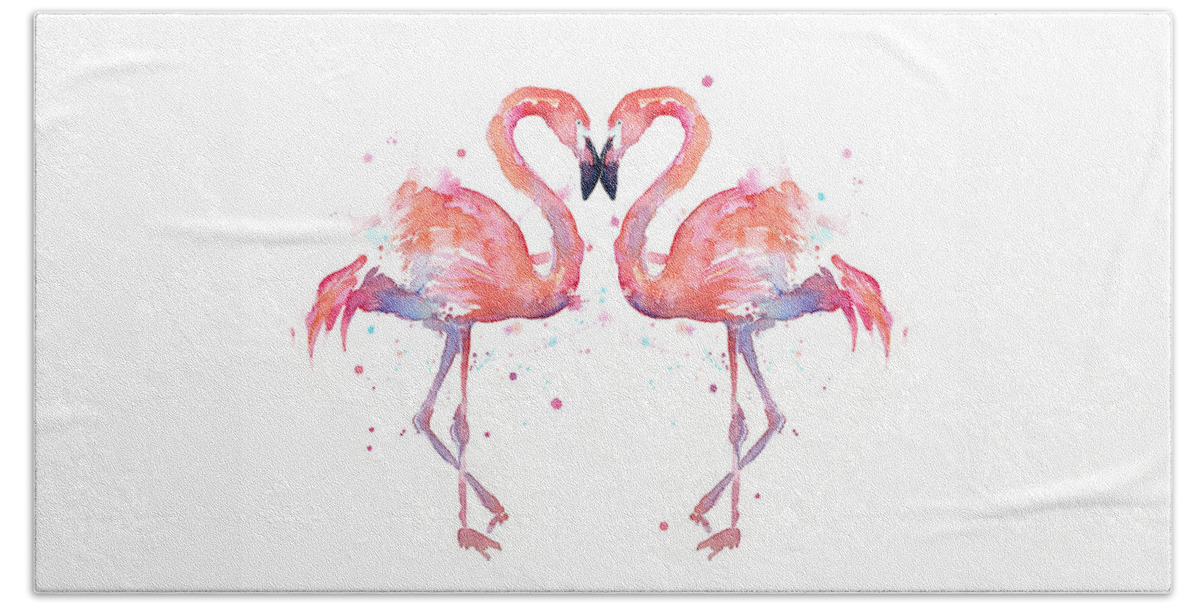Watercolor Hand Towel featuring the painting Flamingo Love Watercolor by Olga Shvartsur