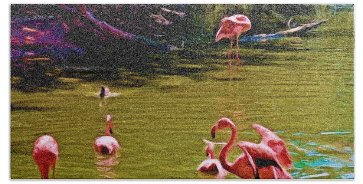 Flamingo Bath Towel featuring the photograph Flamingo Party by Luther Fine Art