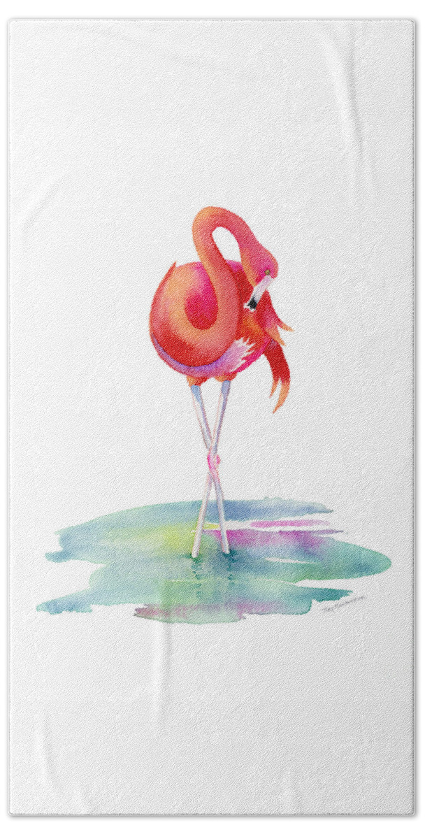 Flamingo Hand Towel featuring the painting Flamingo Primp by Amy Kirkpatrick