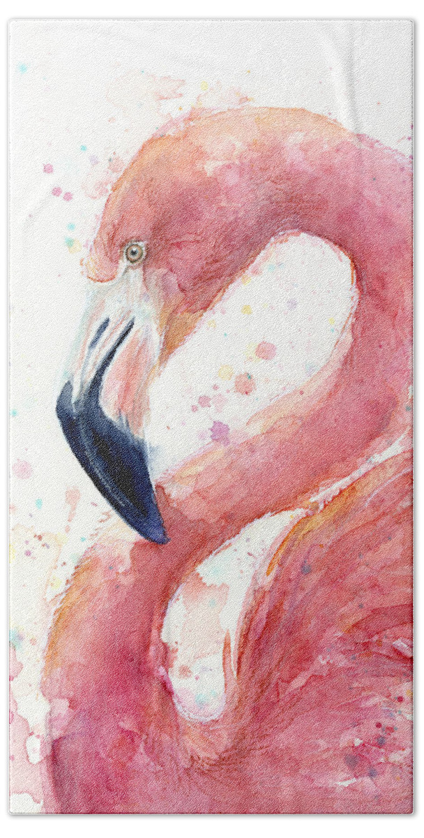 Flamingo Bath Sheet featuring the painting Flamingo Watercolor Painting by Olga Shvartsur