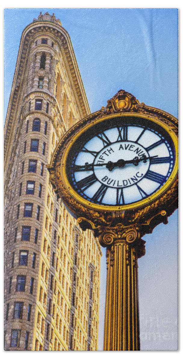 5th Ave. Bath Sheet featuring the photograph Flatiron and Clock by Jerry Fornarotto