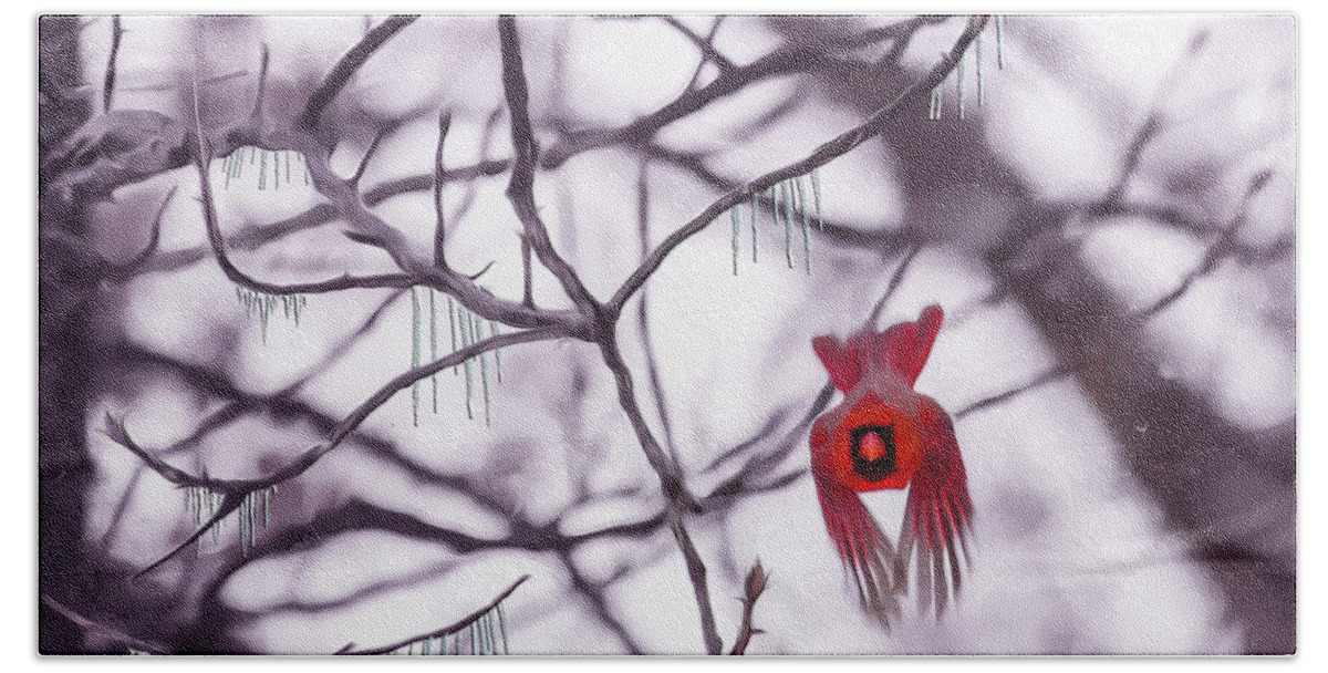 Cardinal Hand Towel featuring the photograph Flight Of A Winter Cardinal by Bill and Linda Tiepelman