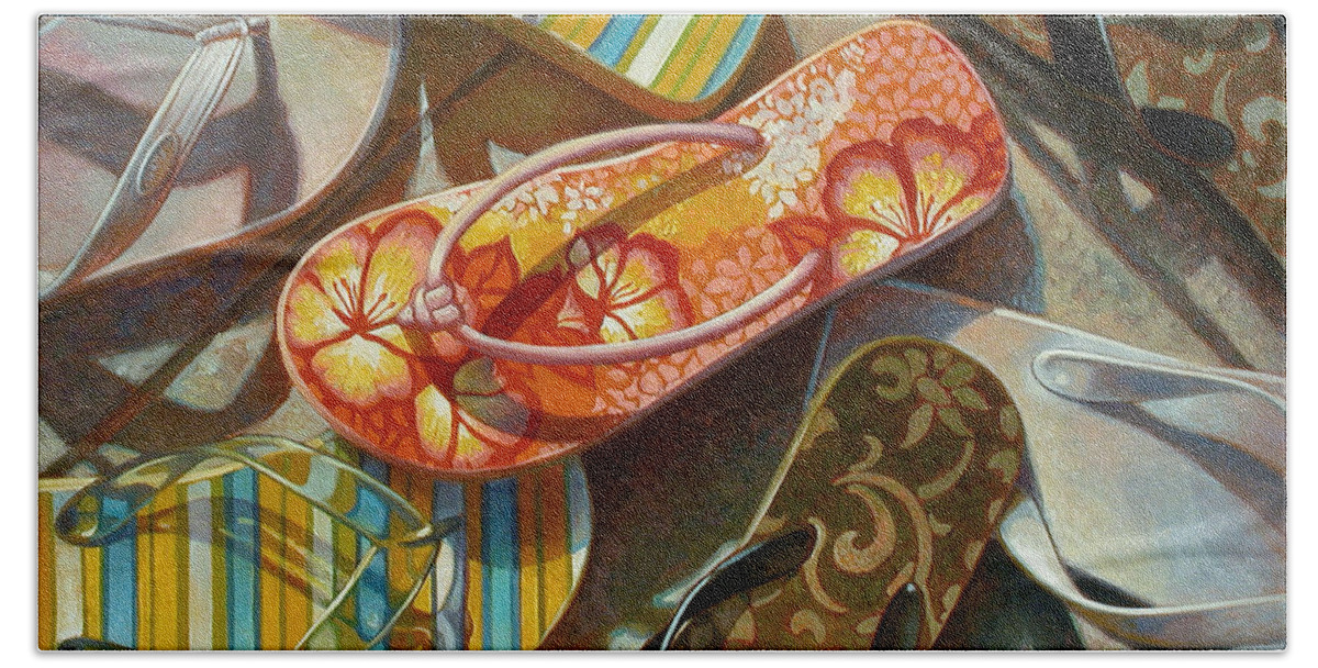 Still Life Hand Towel featuring the painting Flip Flops by Mia Tavonatti