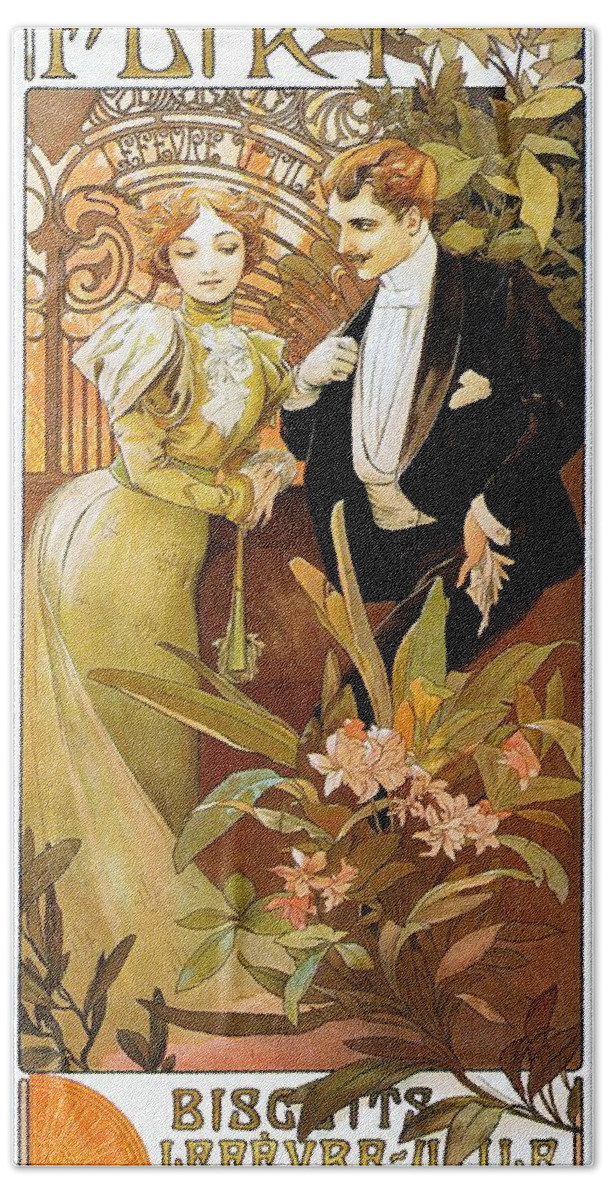 Alphonse Mucha Bath Towel featuring the painting Flirt by Alphonse Mucha