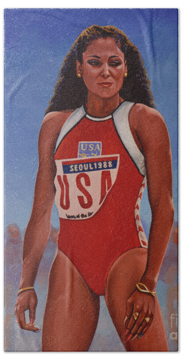 Florence Griffith Hand Towel featuring the painting Florence Griffith - Joyner by Paul Meijering