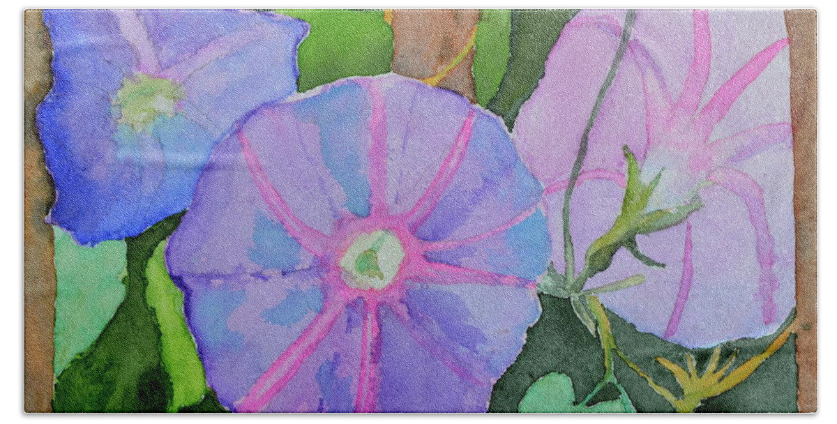 Morning Glory Bath Towel featuring the painting Florence's Morning Glories by Beverley Harper Tinsley