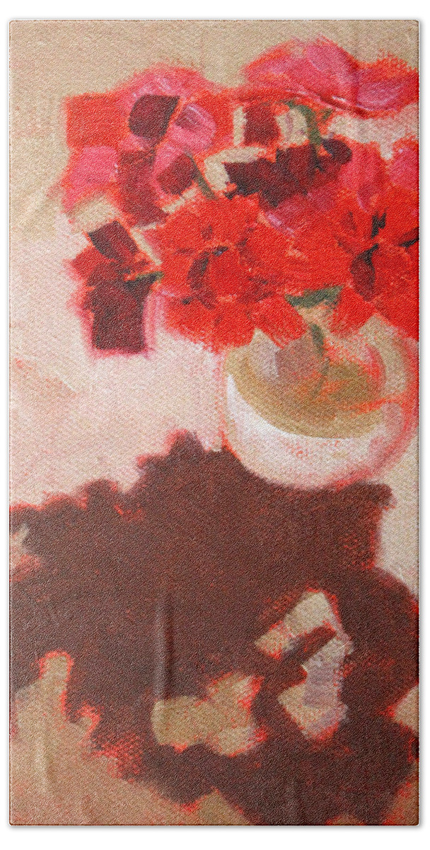 Red Hand Towel featuring the painting Flower Shadows Still Life by Nancy Merkle