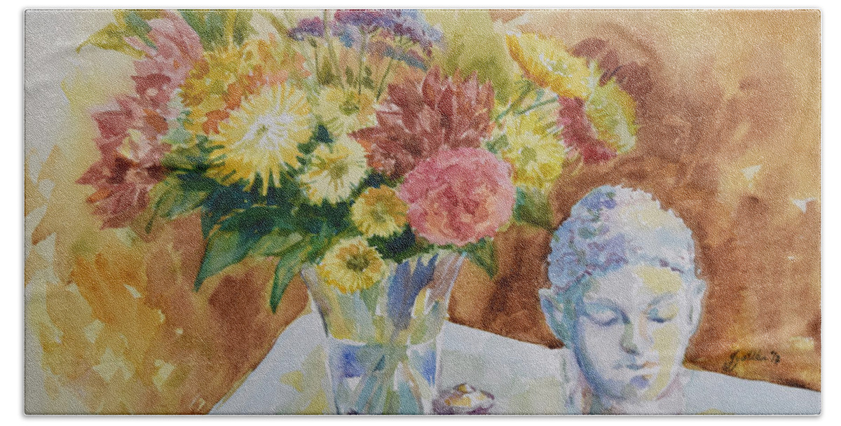 Still Life Bath Towel featuring the painting Flower Vase with Buddha by Jyotika Shroff