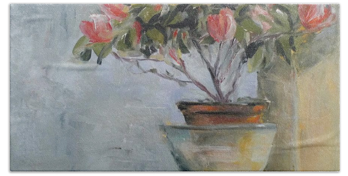 Flowers Bath Towel featuring the painting Flowers on my easel by Karina Plachetka