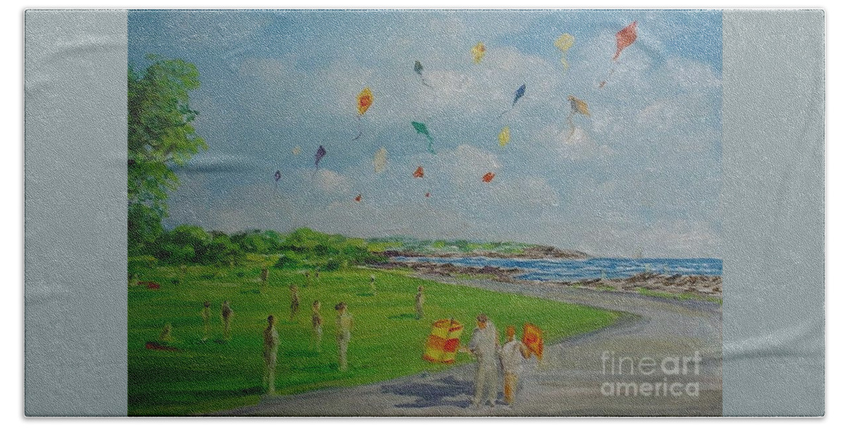 Flying Kites On Brenton's Reef Newport Bath Towel featuring the painting Flying Kites Newport RI by Perry's Fine Art