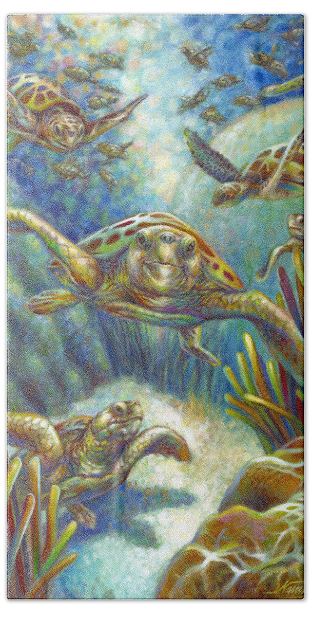 Loggerhead Bath Towel featuring the painting Flying Loggerhead Turtles by Nancy Tilles