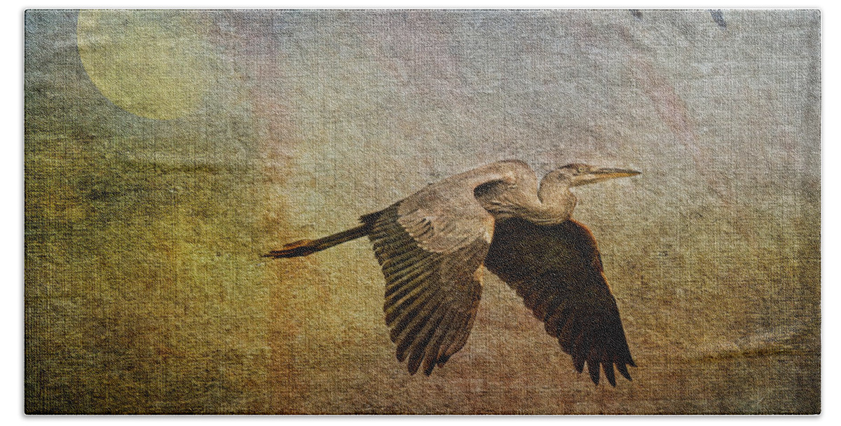Heron Hand Towel featuring the photograph Flying Near The Moon by Deborah Benoit