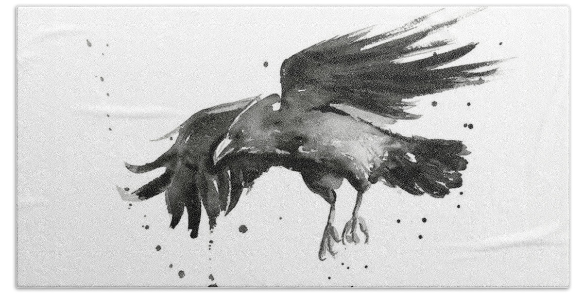 Raven Bath Sheet featuring the painting Flying Raven Watercolor by Olga Shvartsur