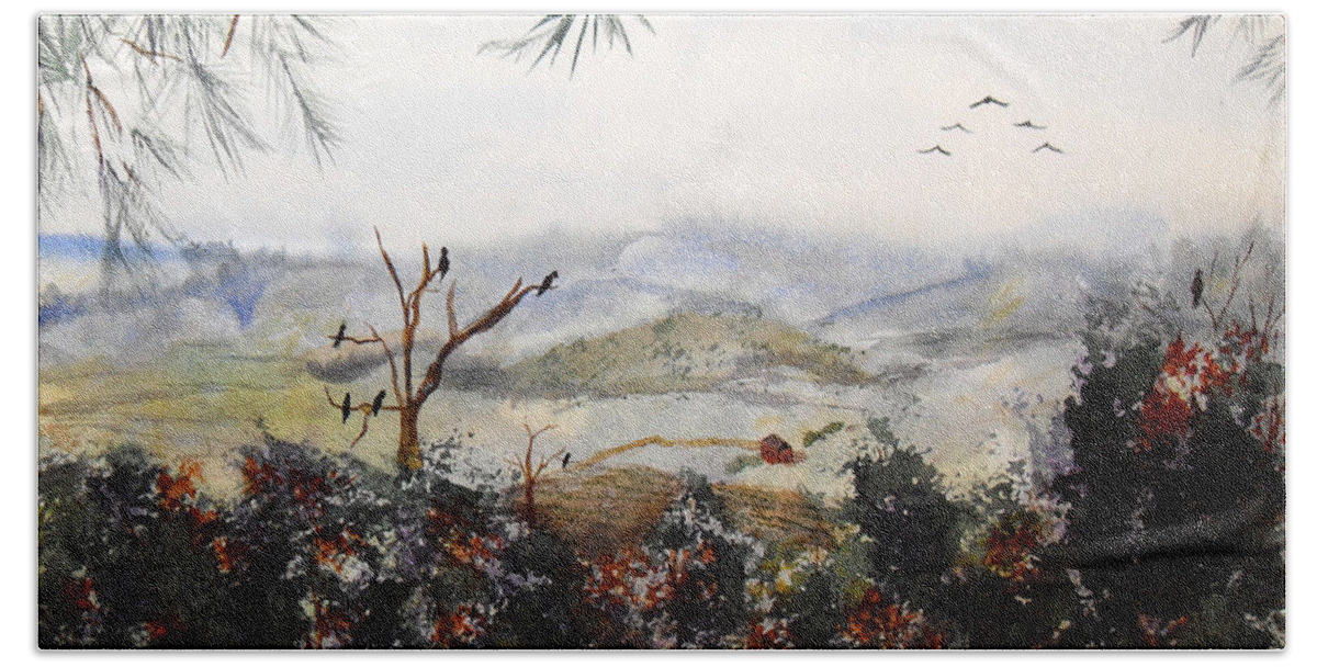 Mountain Hand Towel featuring the painting Flying South For The Winter by Vicki Housel
