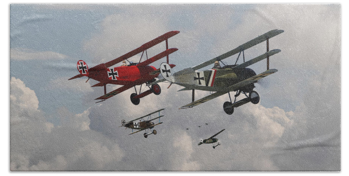 Aircraft Bath Towel featuring the photograph Fokker Squadron - Contact by Pat Speirs