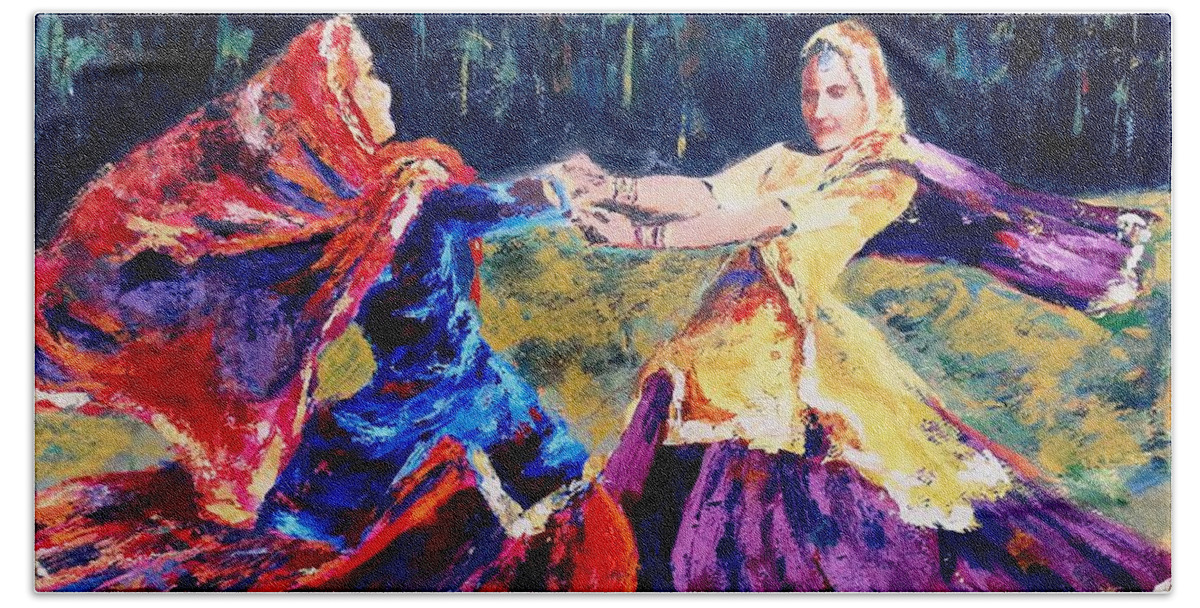Folk Dance Of Punjab Hand Towel featuring the painting Folk dance of Punjab  India by Uma Krishnamoorthy