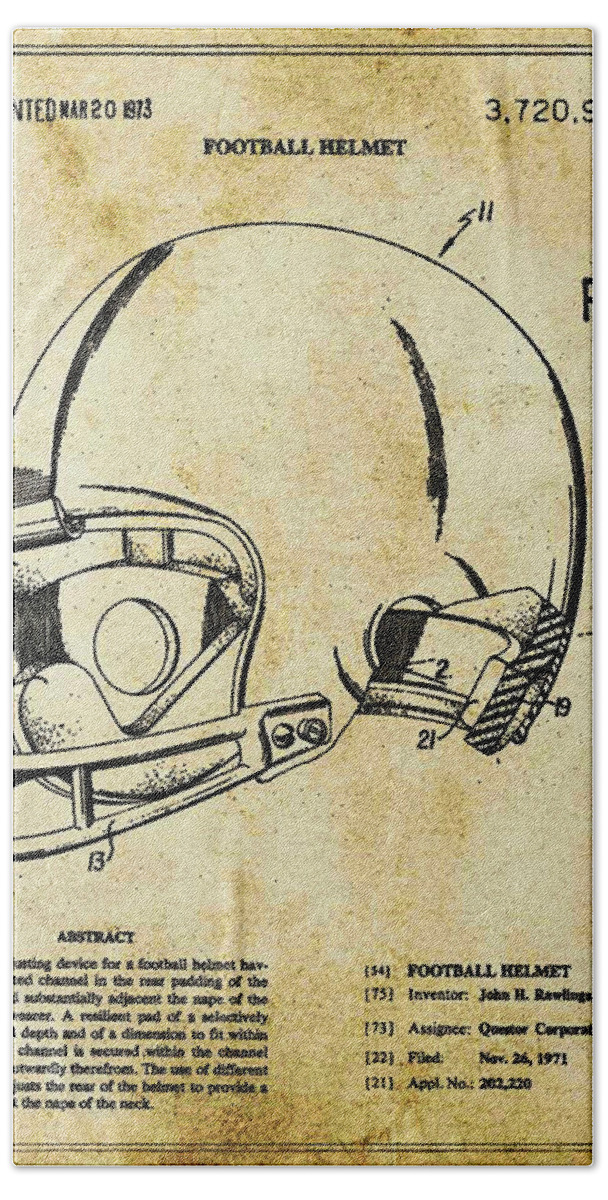 Football Helmet Bath Towel featuring the mixed media Football Helmet Patent Blueprint Drawing Tan by Tony Rubino
