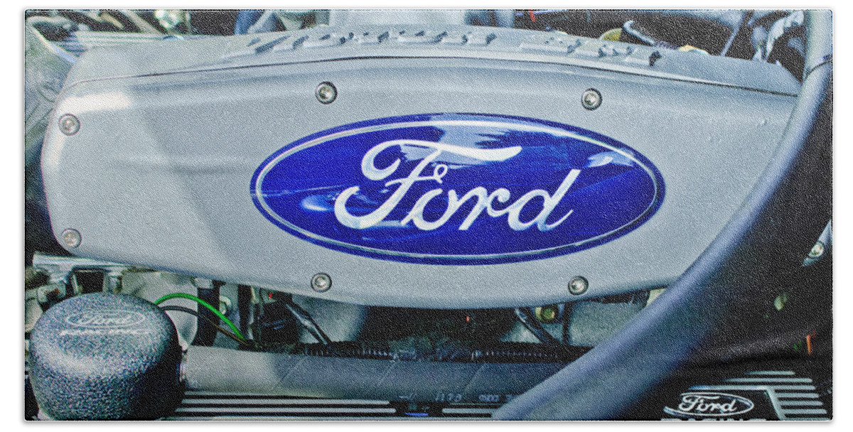 Ford Engine Emblem Bath Towel featuring the photograph Ford Engine Emblem by Jill Reger