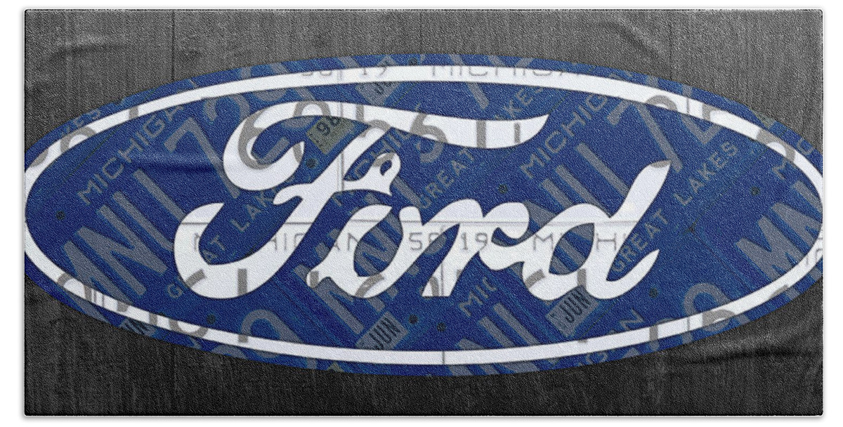 Ford Bath Towel featuring the mixed media Ford Motor Company Retro Logo License Plate Art by Design Turnpike
