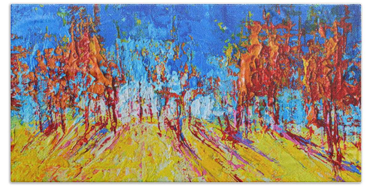 Tree Forest Artwork Scenic Painting Bath Towel featuring the painting Tree Forest 1 Modern Impressionist landscape painting palette knife work by Patricia Awapara