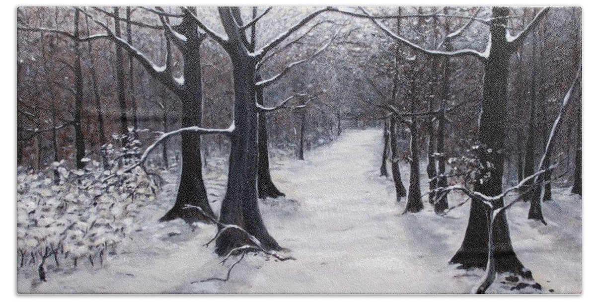 Winter Hand Towel featuring the painting Forest Path in Winter by Judy Kirouac