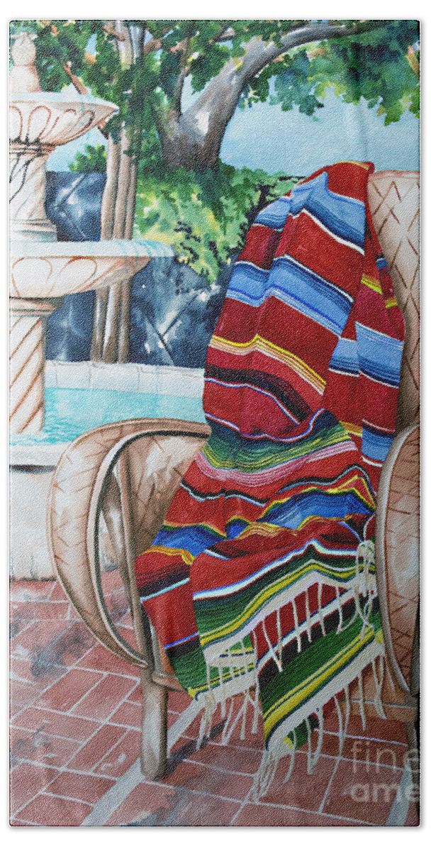 Fountain Hand Towel featuring the painting Fountain and Serape by Kandyce Waltensperger