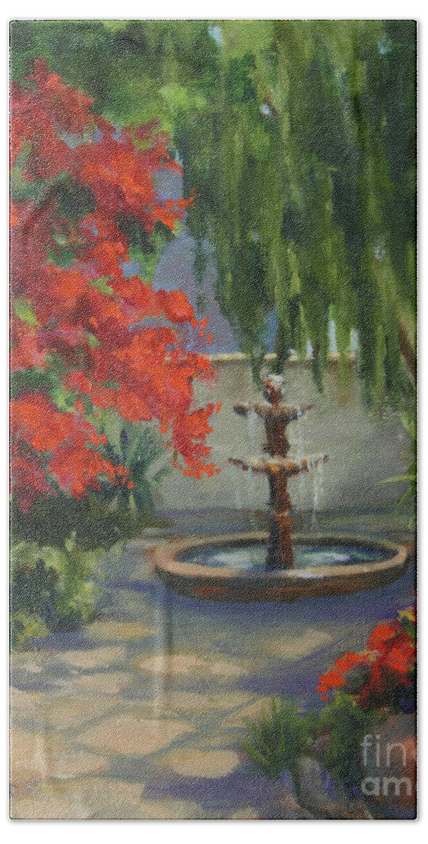 Fountain Hand Towel featuring the painting Relaxing in the Courtyard by Maria Hunt