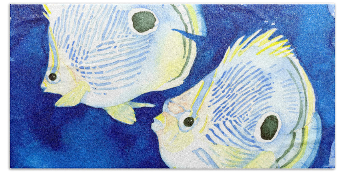 Butterflyfish Hand Towel featuring the painting Foureye Butterflyfish by Pauline Walsh Jacobson