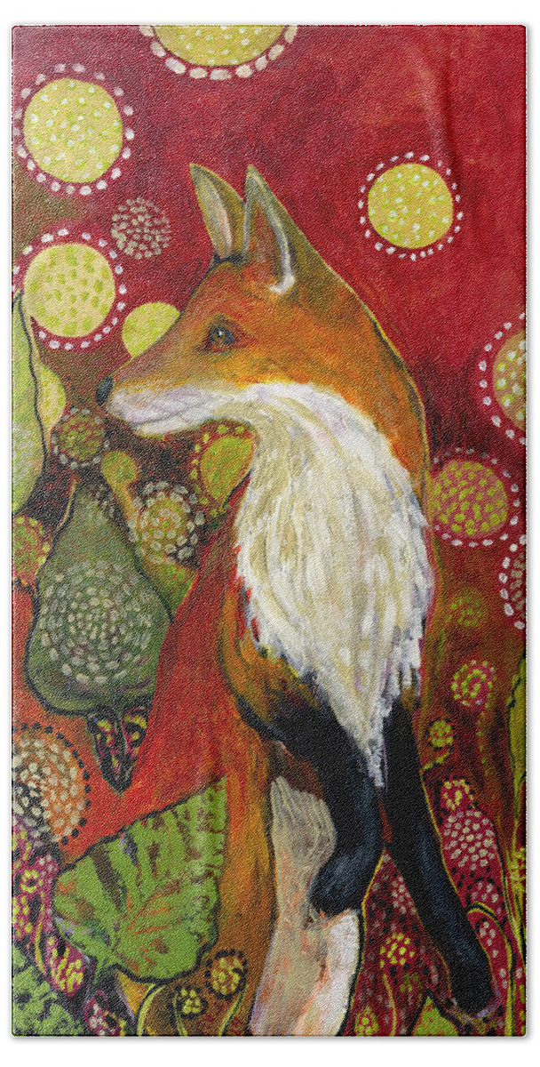 Fox Hand Towel featuring the painting Fox Listens by Jennifer Lommers