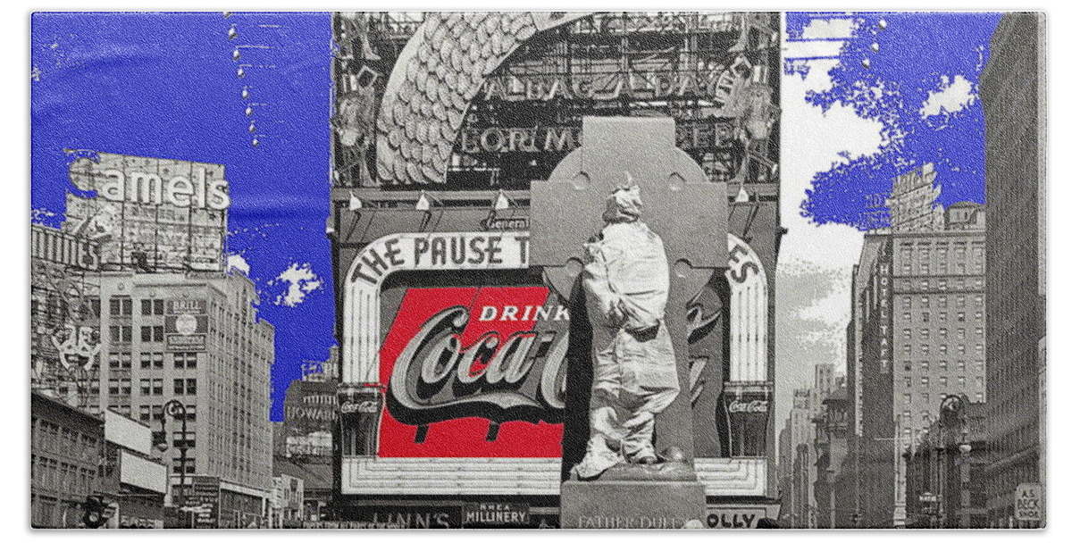 Fr. Duffy Statue Prior To Unveiling Coca Cola Sign Times Square New York City 1937 Bath Towel featuring the photograph Fr. Duffy statue prior to unveiling Coca Cola sign Times Square New York City 1937-2014 by David Lee Guss