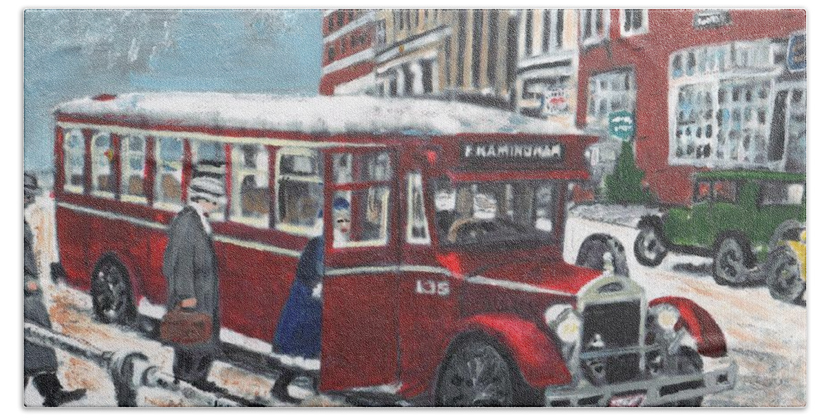 Vintage Bus Hand Towel featuring the painting Framingham Bus by Cliff Wilson